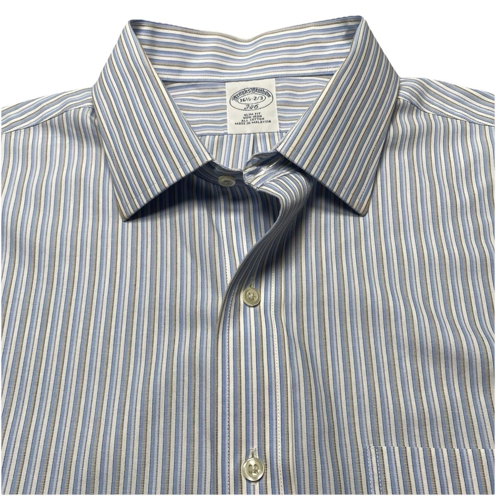 Brooks Brothers 346 Dress Shirt 16.5 2 3 Mens Slim Blue Stripe EUC
